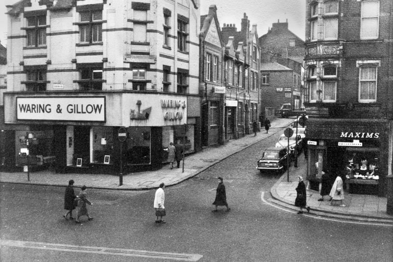 A view of Millgate and the corner of Station Road in 1967 with the Ship Inn, centre, Waring & Gillow furniture store on the left and Maxims  shop on the right