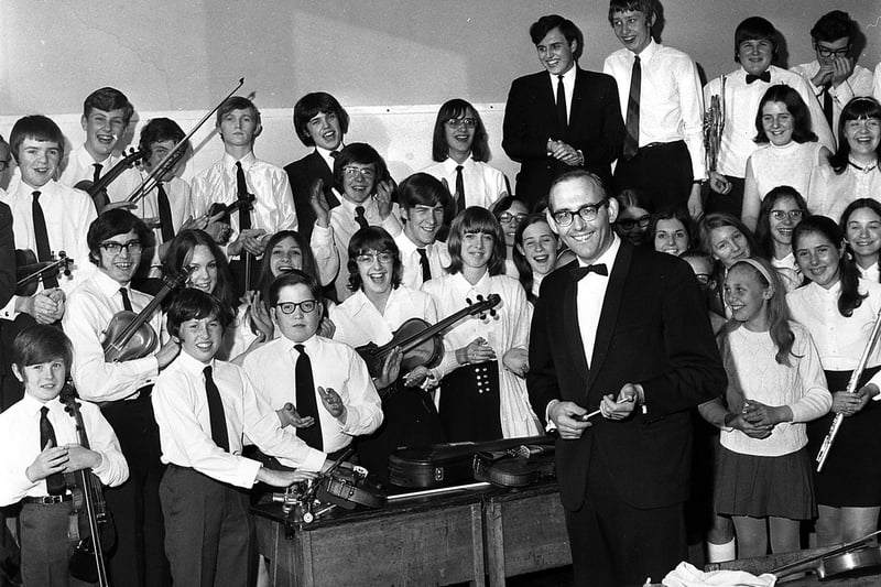 Conductor Ron Deakin with members of Wigan Youth Orchestra in 1971