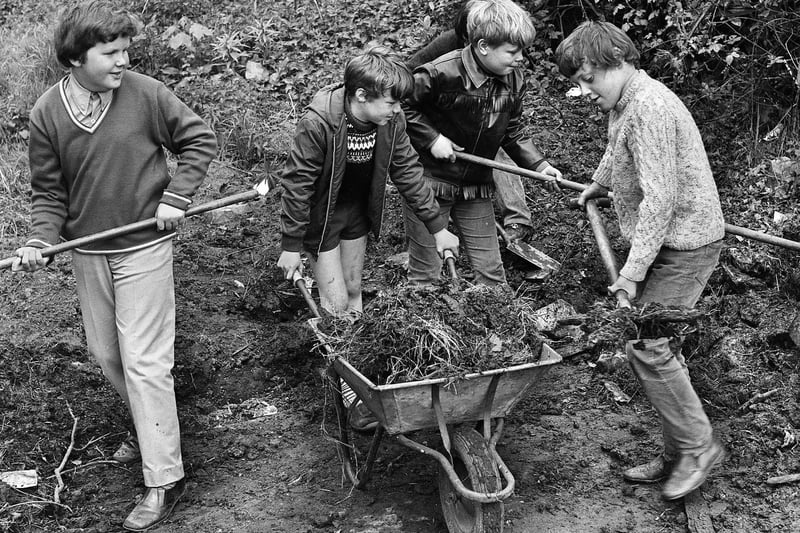 Junior boys clearing ground for an RSPCA base at the old Birchley St. Mary's RC Primary School, Billinge in 1972.