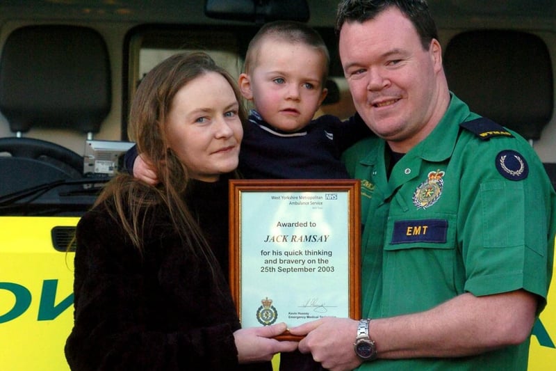 December 2003 and young Jack Ramsay visited Bramley Ambulance Station to pick up his bravery award after raising the alarm when his mum Emma collapsed at home. He is also pictured with emergency medical technician Kevin Hussey.