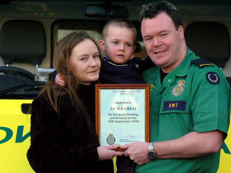 December 2003 and young Jack Ramsay visited Bramley Ambulance Station to pick up his bravery award after raising the alarm when his mum Emma collapsed at home. He is also pictured with emergency medical technician Kevin Hussey.