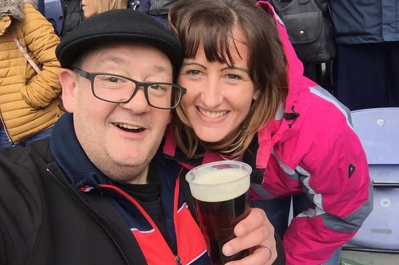 Helen Neill with the one and only Johnny Vegas, watching the mighty Saint Helens on Good Friday