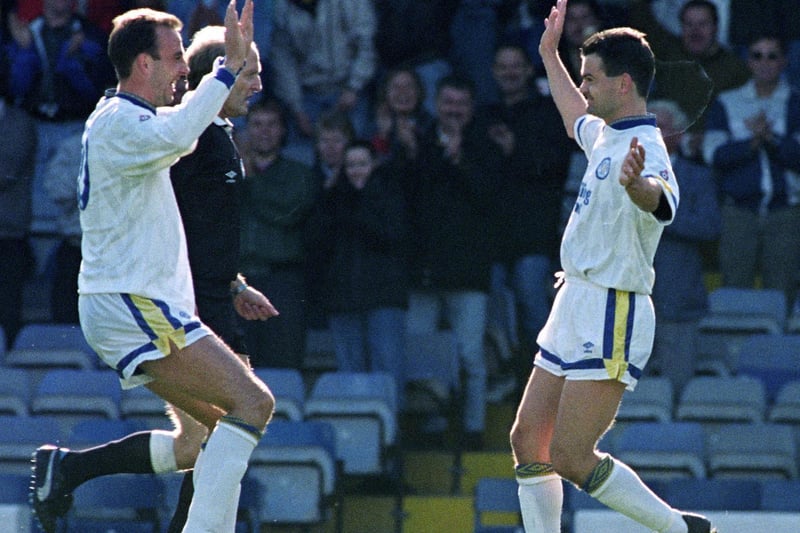 Steve Hodge celebrates with Gary McAllister after scoring against Sheffield United at Elland Road in October 1991.