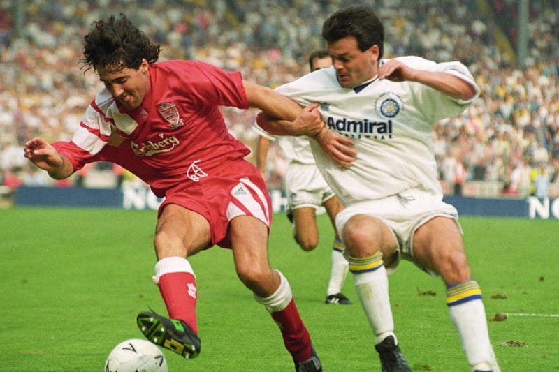 Steve Hodge battles against Dean Saunders during the Charity Shield at Wembley in August 1992.