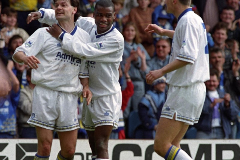 Steve Hodge celebrates scoring against Queens Park Rangers at Elland Road in May 1993. The game finished 1-1.