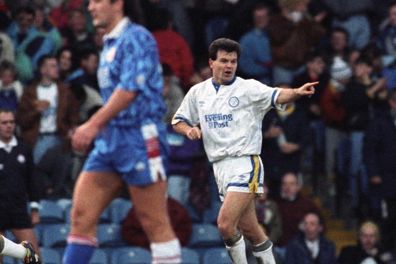 Steve Hodge points the way during the clash with Southampton at Elland Road on Boxing Day 1991.