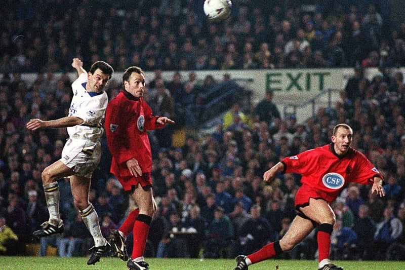 Steve Hodge rises high to head home against Queens Park Rangers at Elland Road in December 1993. The game finished 1-1.