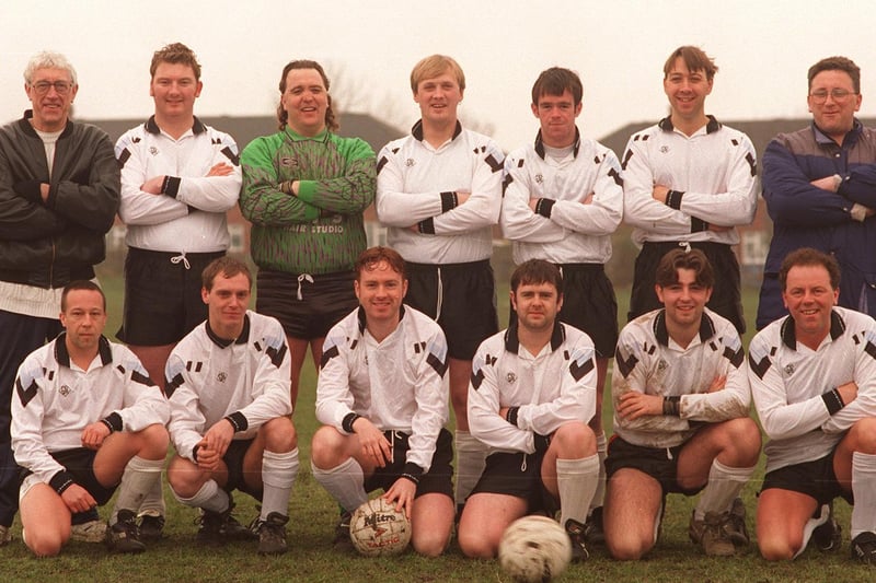 Monkswood in March 1996. Back: Eric Wilson (manager) Chris Coombes, Pete Rowe, Dave Leach, Paul Harrison, Martin Marker, Kev Brown (sec). Front: Steve Wray, Chris Dobson, Steve Moxon, Mark Quirk, Steve Wright, Graham Brown.
