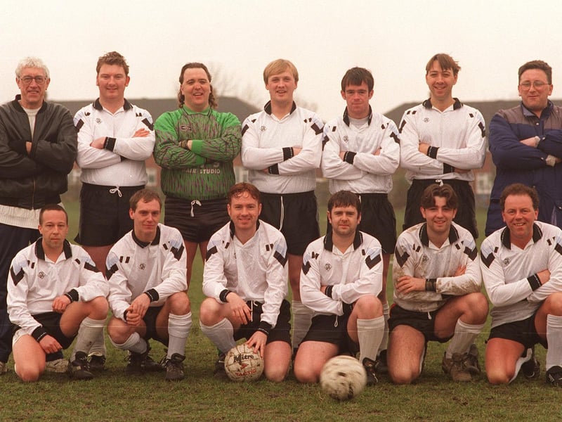 Monkswood in March 1996. Back: Eric Wilson (manager) Chris Coombes, Pete Rowe, Dave Leach, Paul Harrison, Martin Marker, Kev Brown (sec). Front: Steve Wray, Chris Dobson, Steve Moxon, Mark Quirk, Steve Wright, Graham Brown.