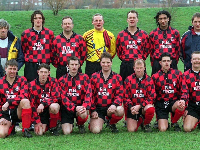 Highwood in March 1998. Back: Jeremy Grayson, Gary Skidmore, John Comisky, Ronnie McMahon, Kulli Nizar, Andrew Wood. Front: Mark Hocker, Peter Tosney, Malcolm Wood, Liam Griffin, Liam Brocksom, John Bolton.