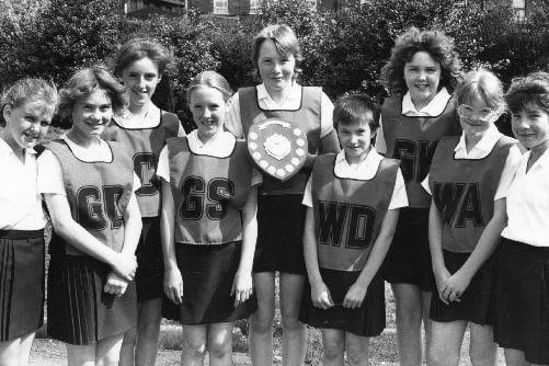 A press photograph of the netball team from St Joseph's School, Castleford. 
From left to right Carla Pryke, Michelle Davenport, Tarym Tracey, Dionne Marley, Victoria Quinn, Susan Brierley, Rachel Wynn, Caroline Smith and Colette Hepworth