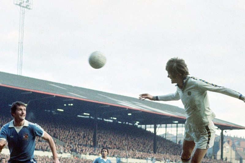 Gordon McQueen in action against Manchester City during the FA Cup fifth round clash in February 1977. Leeds won 1-0.