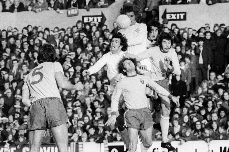 Gordon McQueen heads clear during Leeds United's clash with Norwich City at Elland Road in December 1973. The Whites won 1-0 thanks to a goal from Terry Yorath.