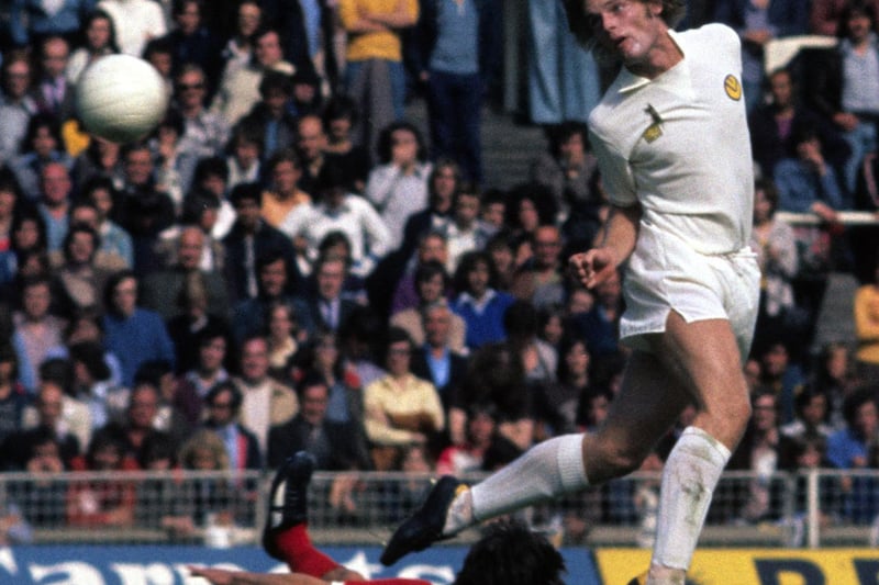 Gordon McQueen clears the ball during the Charity Shield against Liverpool at Wembley in August 1974.