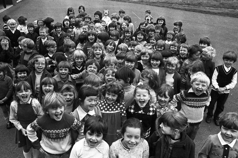 Happy children at Castle Hill primary school Hindley in 1970