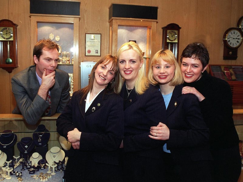 These staff at a Leeds jewellers all had a common bond - they were all pregnant. Pictured with manager Tim Booley is (left to right), Tracey Frost, Lisa Harding, Christy Holmes and Joanne Johnson.