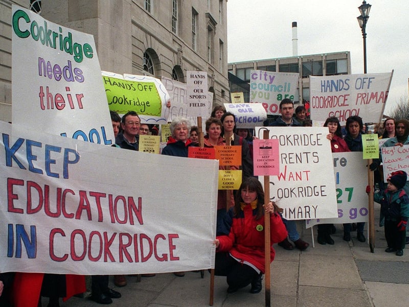 Protestors from closure-threatened Cookridge Primary outside Leeds Civic Hall before a council meeting to disucss the issue.