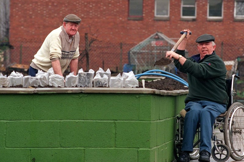 Green-fingered David Tallant uses a special plot for disabled gardeners at Clarke Field Allotments on Dewsbury Road. He is watched by John Robinson.