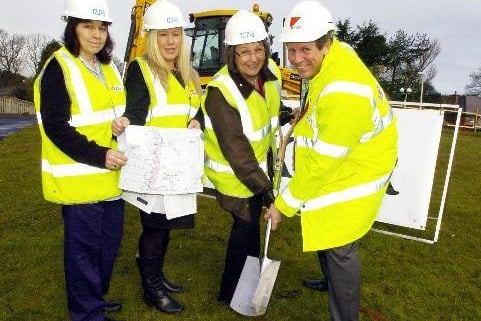 Putting the turf to start the new build at Cross Lane Hospital are (from left): Housekeeper Teresa Jewell, clinical lead Nicky Scott, trust chairman Jo Turnbull and Kier Northern operations director Tyd Gray.