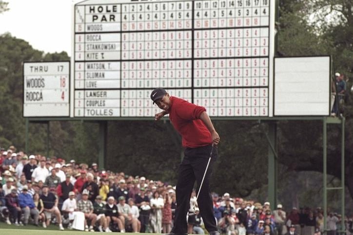 Playing his first major as a professional and paired with defending champion Nick Faldo in the 1997 Masters, Woods covered the front nine in the first round in 40, but stormed home in 30 and then added rounds of 66, 65 and 69 to set a tournament record of 18 under par and win by 12 shots from Tom Kite. Two months later Woods became world number one for the first time and went on to spend a record 683 weeks at the top of the rankings, including a record 281 in succession.