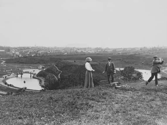 Golfers playing the first hole of North Cliff Golf Club overlooking Scarborough, North Yorkshire, 1912.