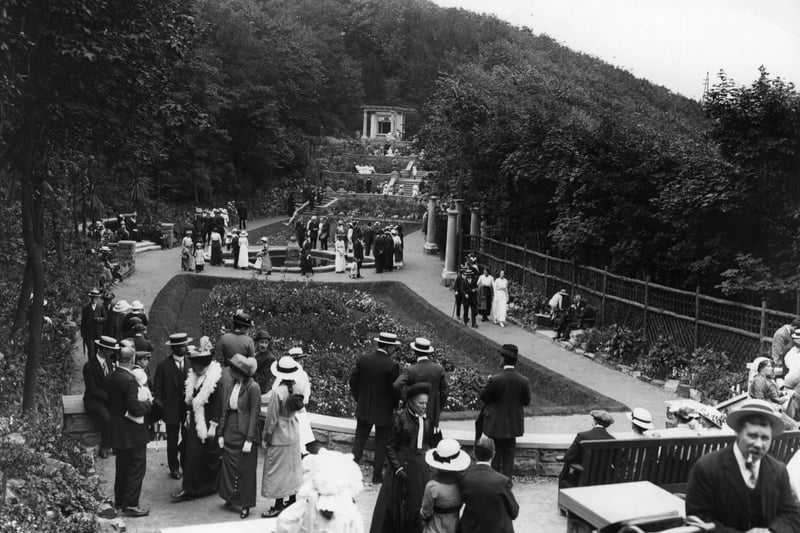 circa 1900: A view of the Italian Gardens, on the South Cliff at Scarborough, North Yorkshire.