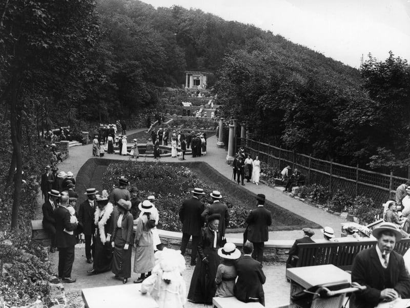 circa 1900: A view of the Italian Gardens, on the South Cliff at Scarborough, North Yorkshire.
