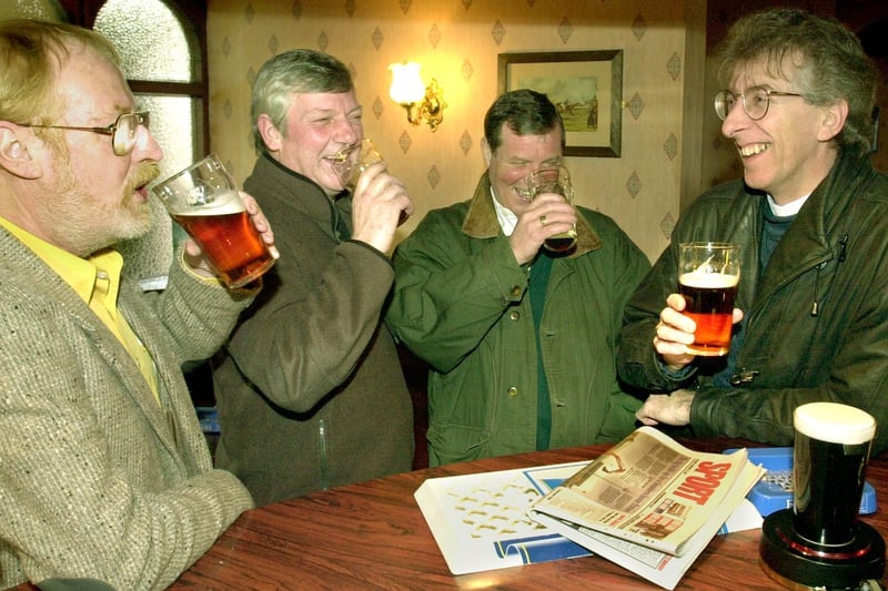 Rev. George Fisher (far right), from St. Thomas’ Church, Blackpool, enjoying a pint at the nearby Victory Hotel. He is joined by (from left) Ross Pender, Tony Dugdale, Keith Watson. Rev Fisher believes a tipple, in moderation of course, works wonders for opening  people up to release their real feelings and hopes to have some frank discussions about religious issues across the full spectrum of faiths