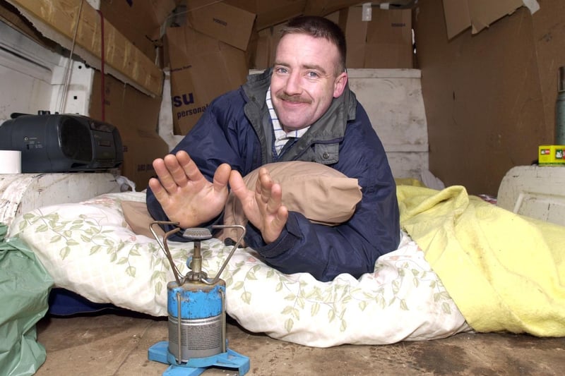 Peter Gregson tries to keep warm while living in the back of his Transit Van waiting to snap up a bargain home at an ex-RAF base in Warton. He is one of many in tents, caravans and cars who have struck up camp at Annington Court, Butler’s Meadow, off the A584 Lytham Road, to guarantee they are first in the queue when the sale starts