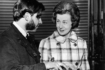 Barbara Castle stops to have a few words with Mr. Michael Austin who is working in the motor repair department after she opened a new Government Training Centre at Doncaster Road, Wakefield in 1970.
