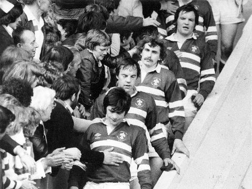 Dave Topliss, Graham Idle, Andrew Fletcher and Mike Lampowski are pictured as Wakefield Trinity players troop down the Wembley steps in 1979
