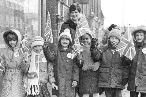Kids celebrate the Queen's visit to Wakefield in 1982
