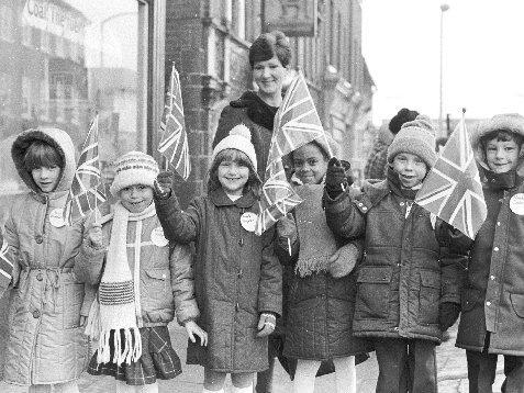 Kids celebrate the Queen's visit to Wakefield in 1982