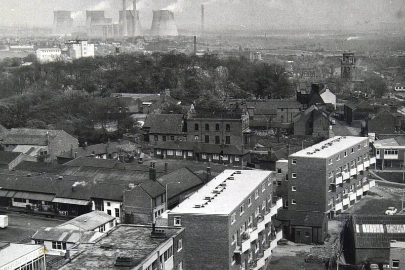 This picture was taken from the tenth storey of Luke Williams House, a block of flats in Horsefair, Pontefract, in 1967. Ferrybridge Power Station can be seen in the distance.