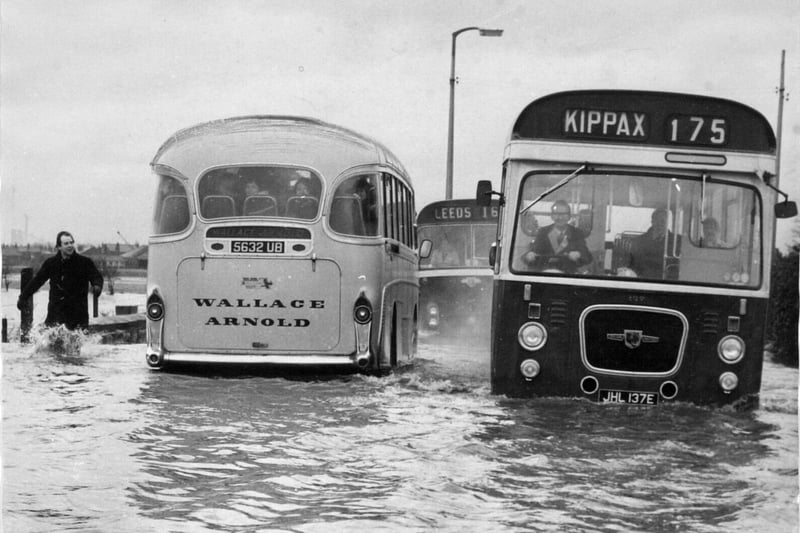 In December 1967, the Express wrote: "Chris Leak, on the left is pictured by Berriff as he splashes along the flooded Castleford-Hook Moor Road at Allerton Bywater in an attempt to keep the traffic moving. Shortly afterwards the road became impassable."
