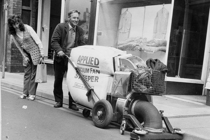 Mr. George William Harper working the new road vacuum cleaner in the centre of Castleford, August 9, 1972.