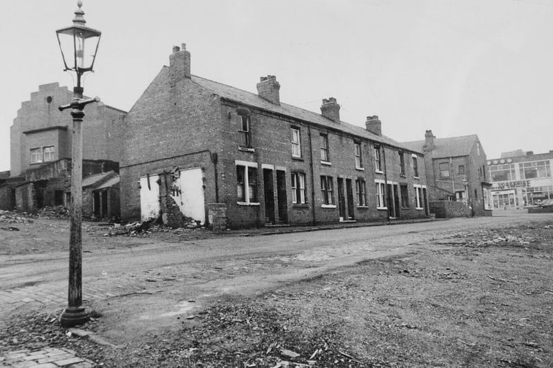 Terraced houses in Tanshelf, Pontefract, are demolished in 1967.