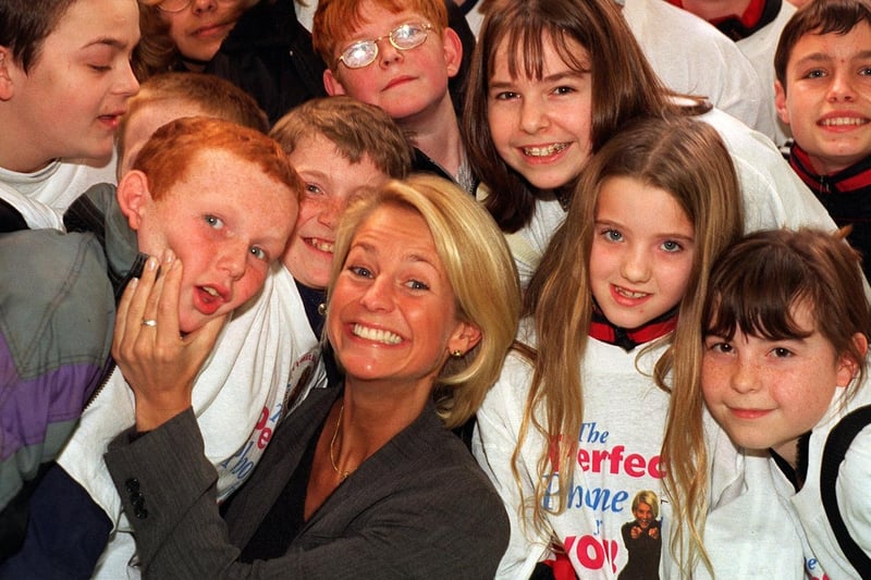 Gladiators host Ulrika Jonsson meets young fans after opening The Pocket Phone Shop in the Crossgates Shopping Centre in September 1998.