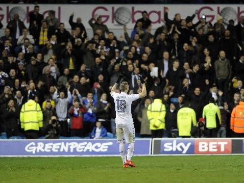 Pontus Jansson celebrates with the Elland Road faithful at full-time.