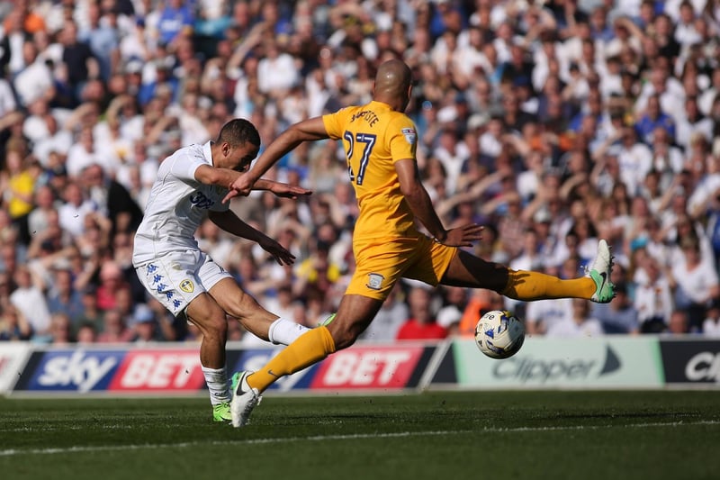 Kemar Roofe fires home against Preston North End at Elland Road in April 2017. The Whites won 3-0.