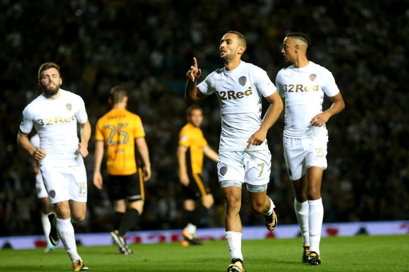 August 2017 and Kemar Roofe celebrates scoring against Newport County at Elland Road in the Carabao Cup. He bagged a hat-trick as the Whites won 5-1.