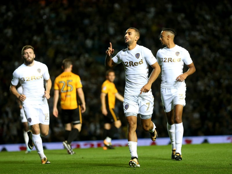 August 2017 and Kemar Roofe celebrates scoring against Newport County at Elland Road in the Carabao Cup. He bagged a hat-trick as the Whites won 5-1.