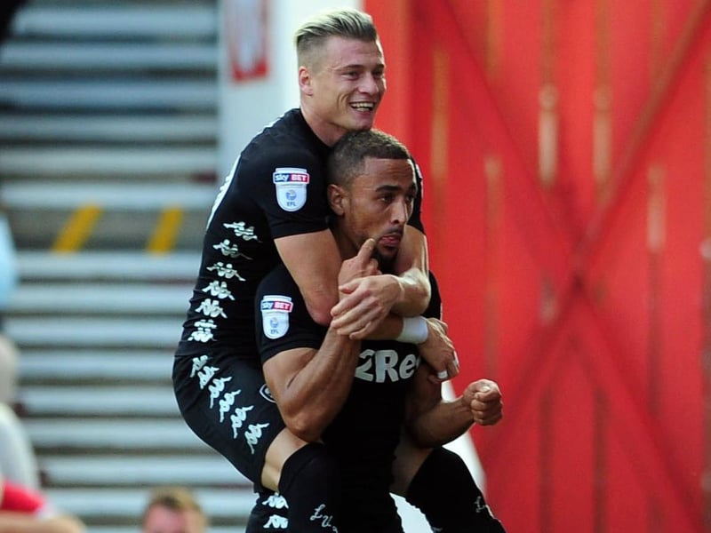 Kemar Roofe celebrates scoring against Nottingham Forest at the City Ground in August 2017 with Ezgjan Alioski.