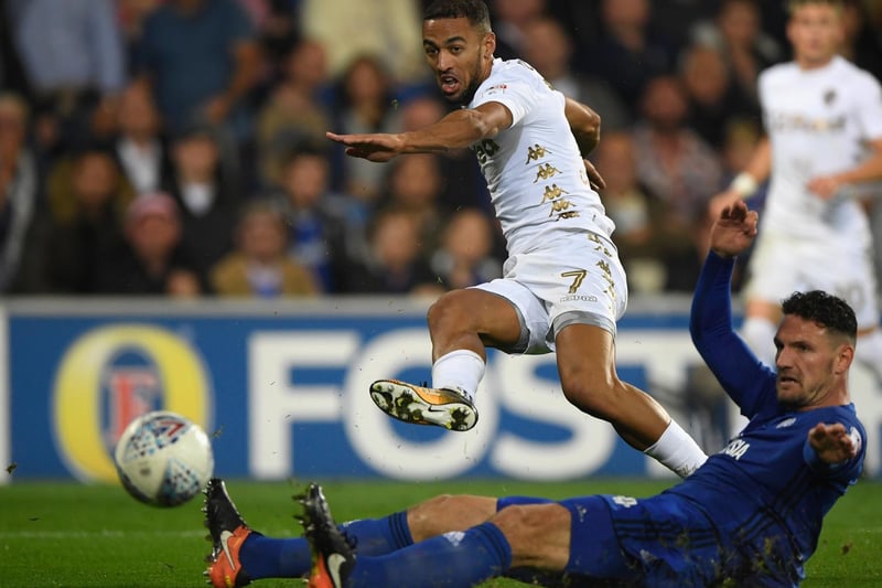 Kemar Roofe fires towards goal despite a challenge from Cardiff City's Sean Morrison during the Championship clash at the Cardiff City Stadium in September 2017. He scored as the Whites lost 3-1.