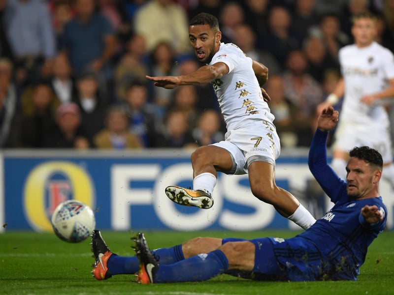Kemar Roofe fires towards goal despite a challenge from Cardiff City's Sean Morrison during the Championship clash at the Cardiff City Stadium in September 2017. He scored as the Whites lost 3-1.