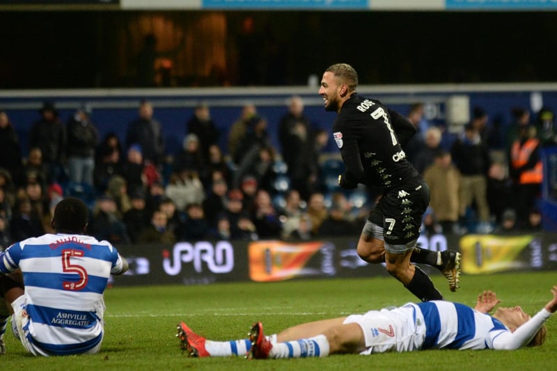 Kemar Roofe celebrates scoring against Queens Park Rnagers at Loftus Road in December 2017. He bagged a hat-trick as the Whites won 3-1.
