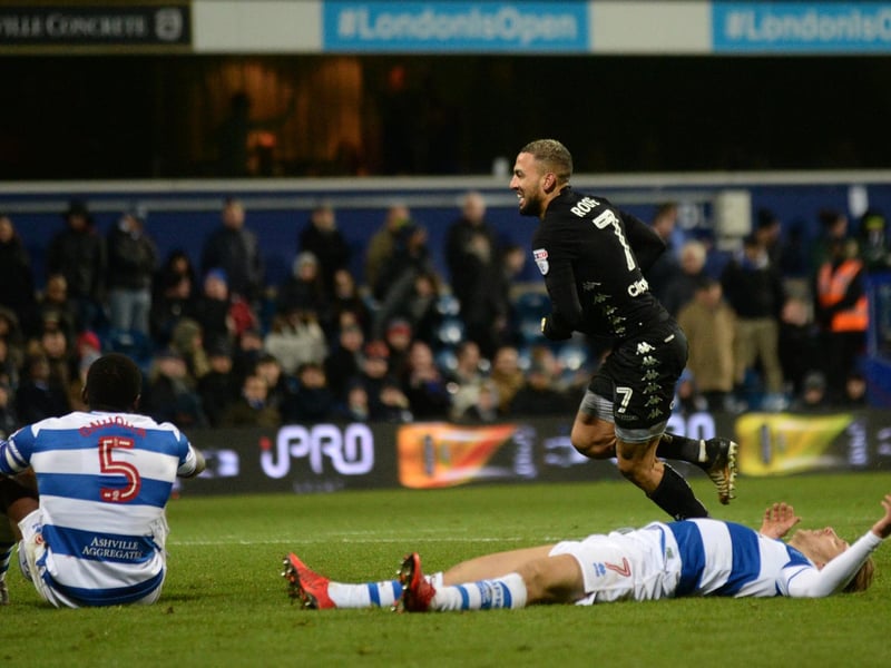 Kemar Roofe celebrates scoring against Queens Park Rnagers at Loftus Road in December 2017. He bagged a hat-trick as the Whites won 3-1.