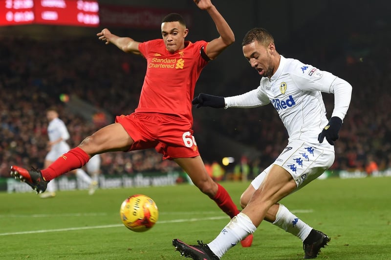 Kemar Roofe crosses the ball as Liverpool's Trent Alexander Arnold closes in duering the EFL Cup quarter-final clash against Liverpool at Anfield in November 2016.