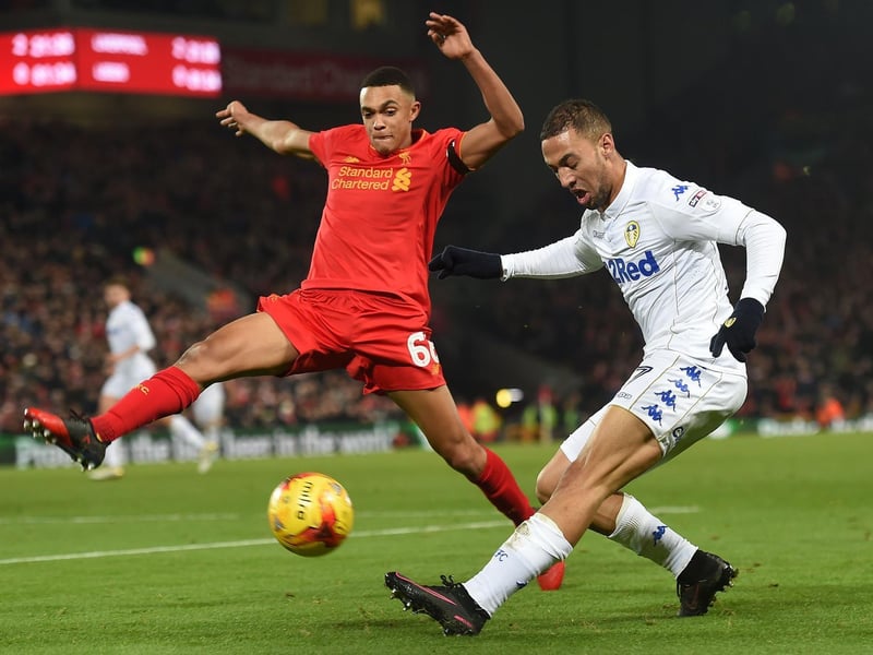 Kemar Roofe crosses the ball as Liverpool's Trent Alexander Arnold closes in duering the EFL Cup quarter-final clash against Liverpool at Anfield in November 2016.