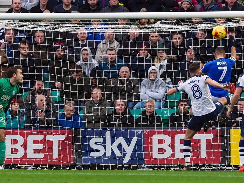 Kemar Roofe heads home against Preston North End at Deepdale on Boxing Day 2016. The Whites won 4-1.